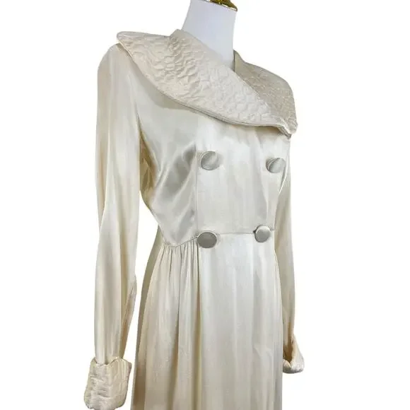 Vintage 30s 40s KAMORA Ivory Liquid Satin Maxi Dressing Gown Robe Women's Size S - Picture 3 of 15